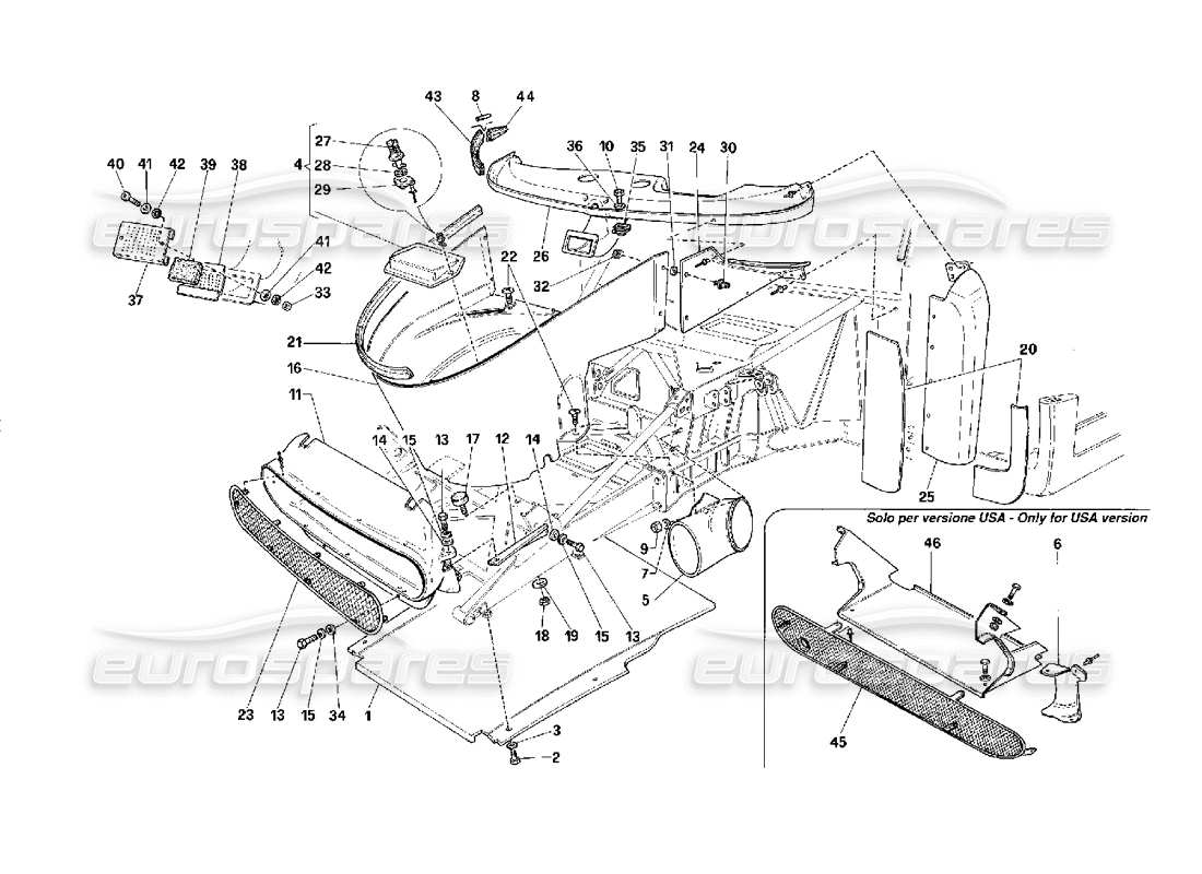 Ferrari F40 Elementi Esterni Corpo - Parte Anteriore Diagramma delle parti
