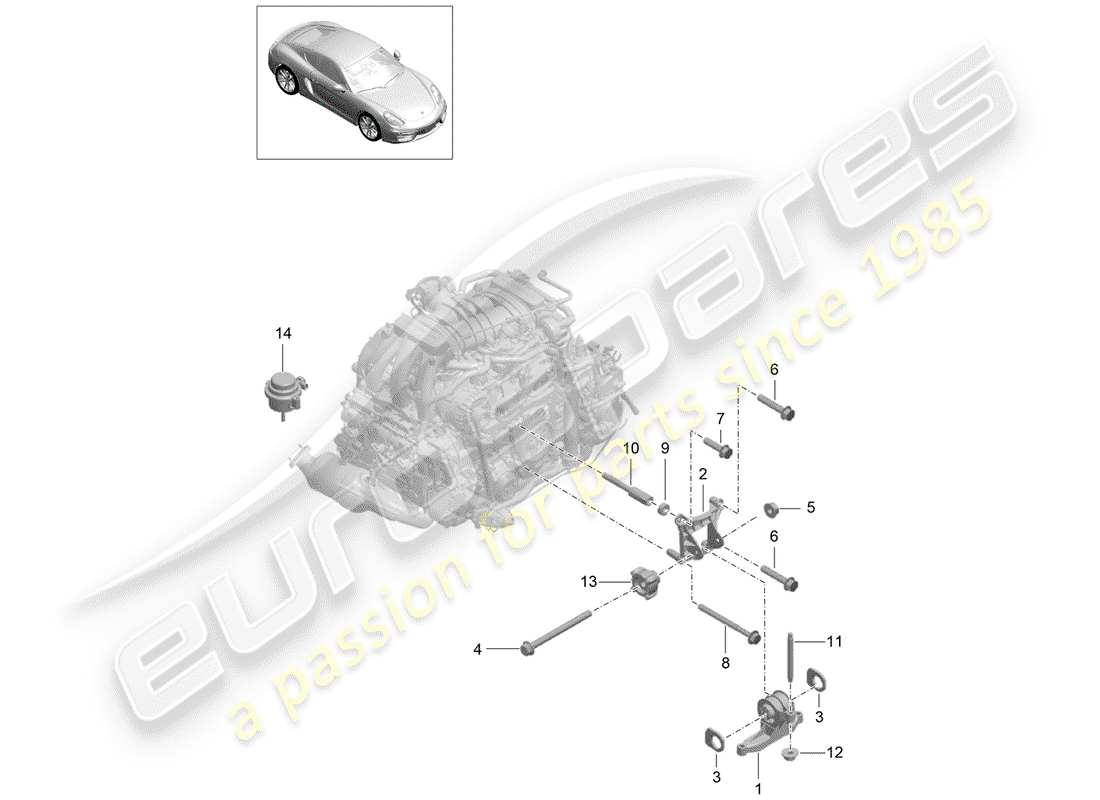 Porsche Cayman GT4 (2016) sospensione del motore Diagramma delle parti