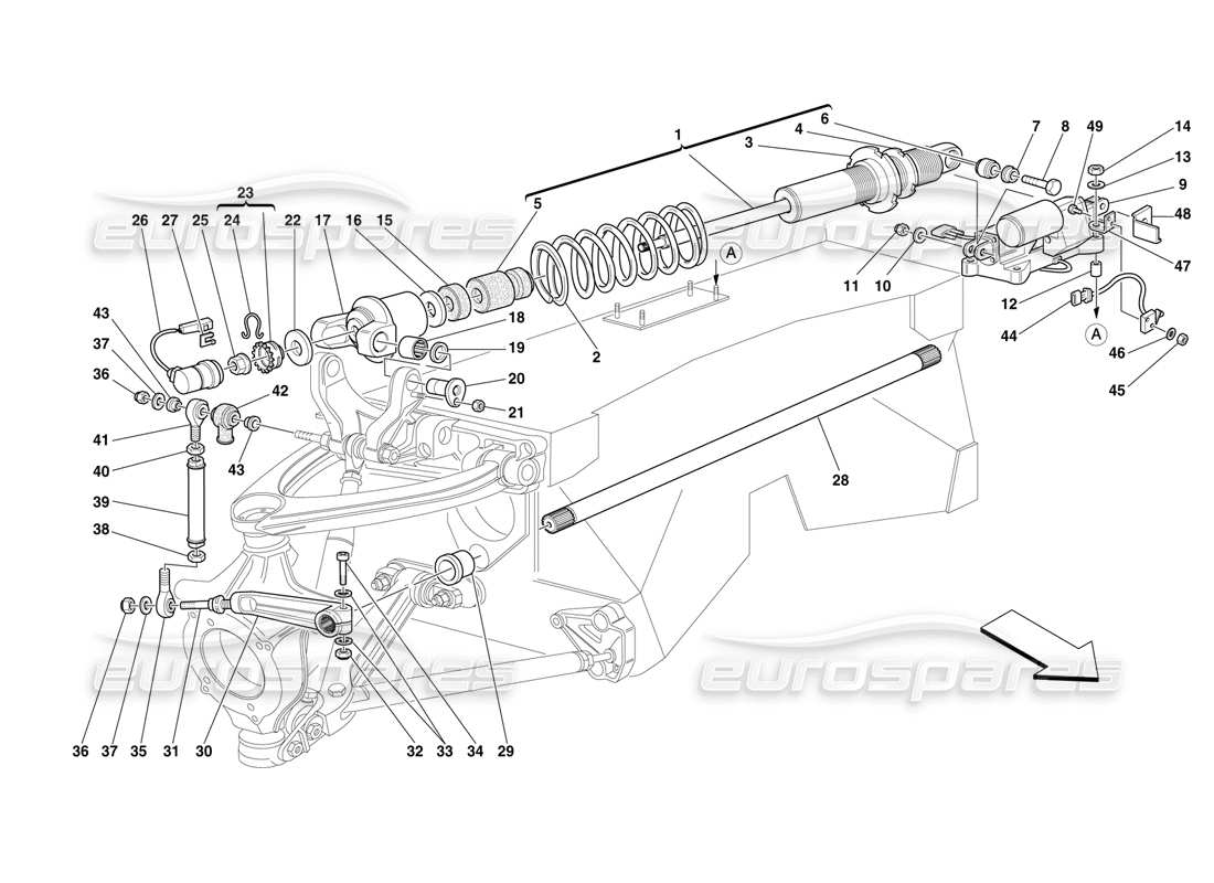 Ferrari F50 Sospensione anteriore: ammortizzatore e barra stabilizzatrice Diagramma delle parti