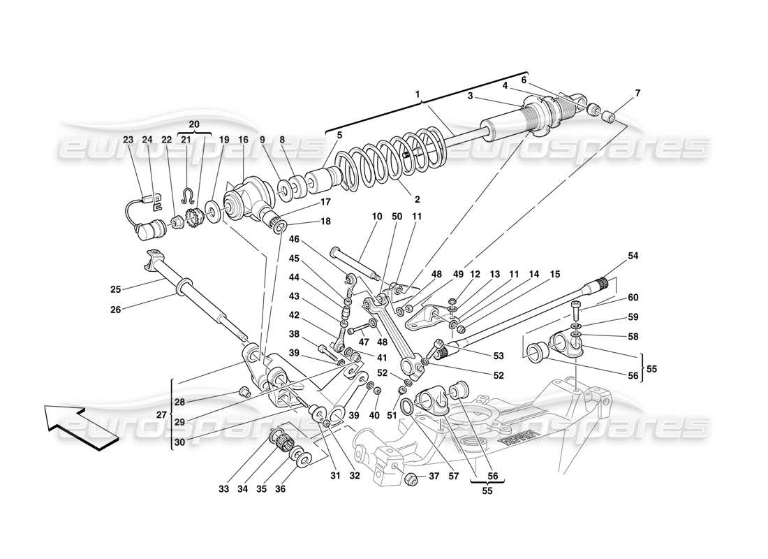 Ferrari F50 Sospensione posteriore: ammortizzatore e barra stabilizzatrice Diagramma delle parti