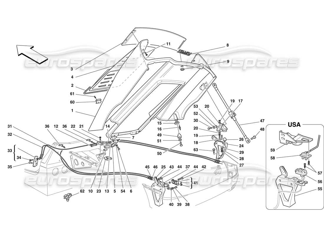 Ferrari F50 Cofano posteriore e comando di apertura Diagramma delle parti