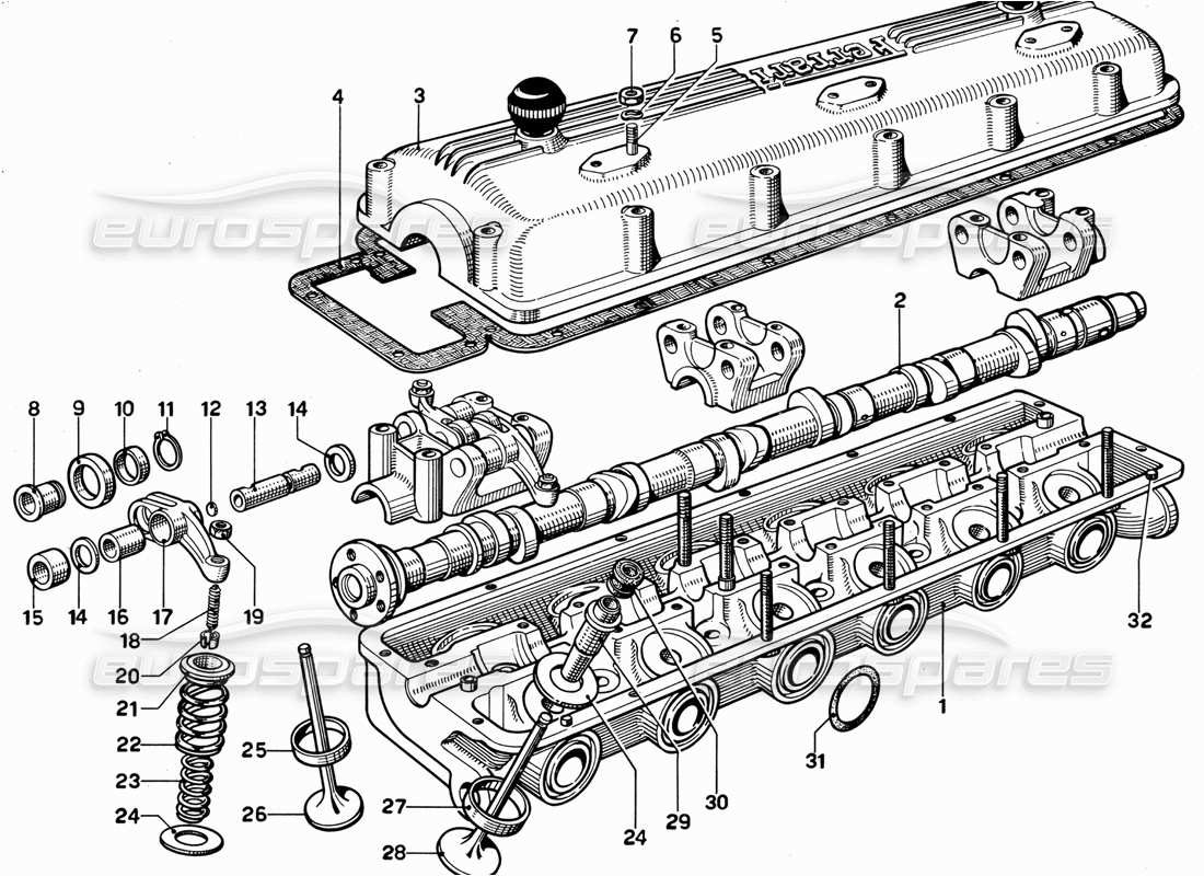 Ferrari 365 GT 2+2 Diagramma delle parti della testata (meccanica) (destra).