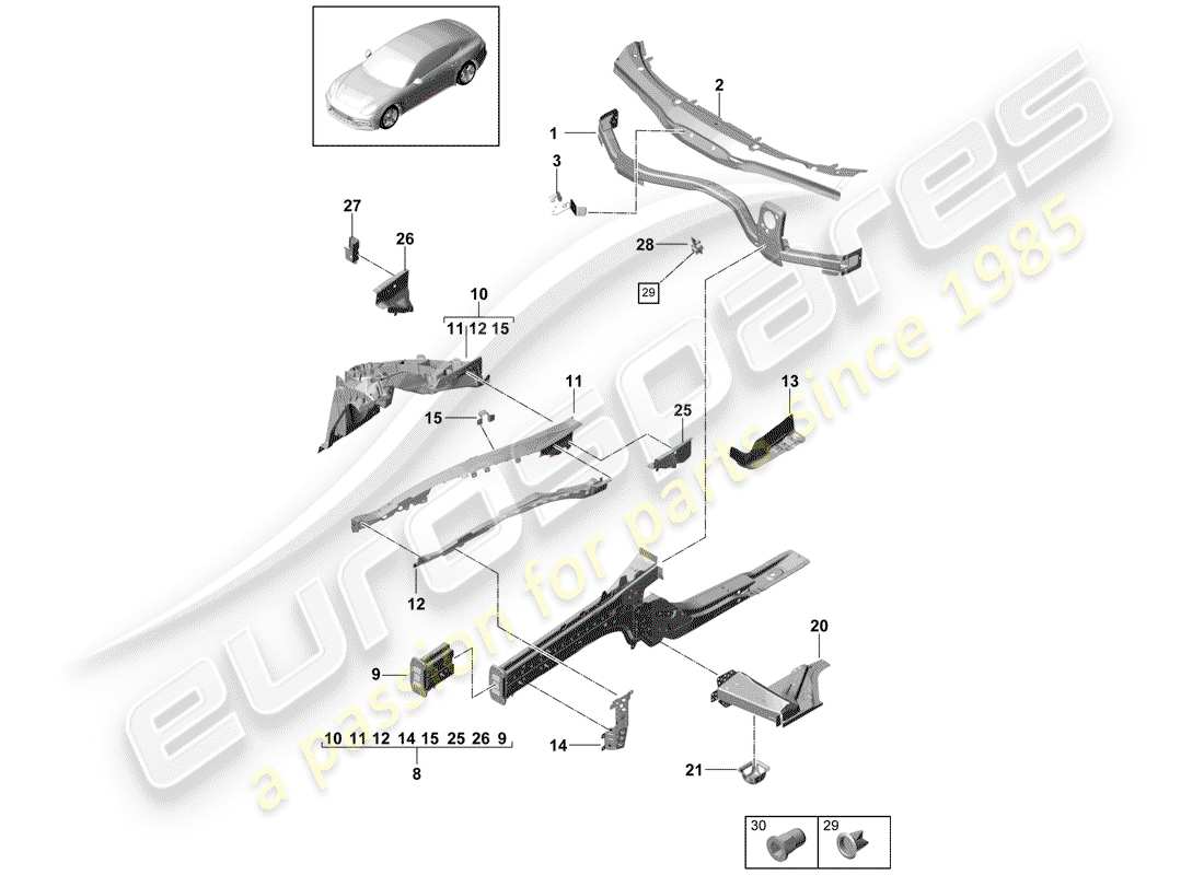 Porsche Panamera 971 (2017) fine frontale Diagramma delle parti