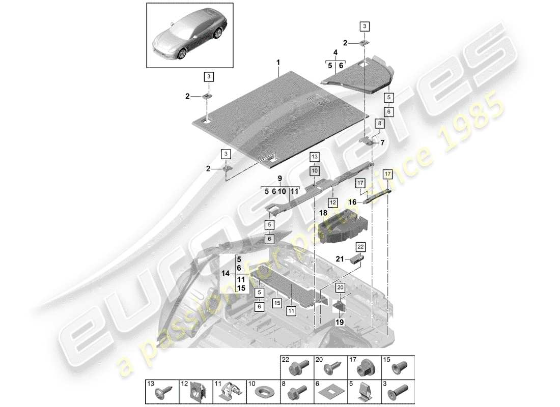 Porsche Panamera 971 (2017) rivestimenti del bagagliaio Diagramma delle parti