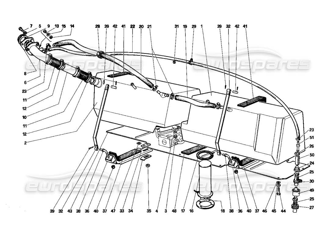 Schema delle parti dei serbatoi di carburante Ferrari Testarossa (1990) (non per Stati Uniti - SA e CH88).