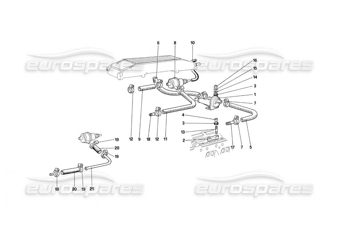 Ferrari Testarossa (1990) Sistema di iniezione del carburante: valvole e linee Diagramma delle parti