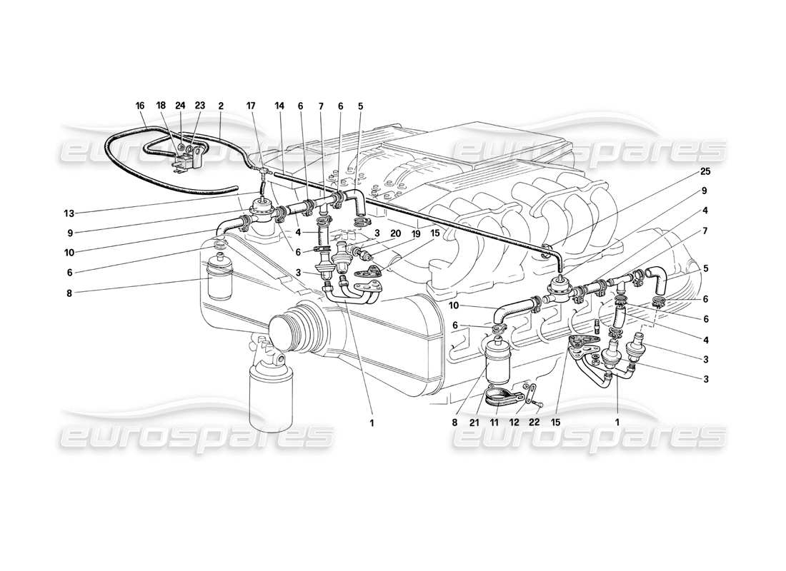 Ferrari Testarossa (1990) Schema delle parti dell'iniezione dell'aria e delle linee (per CH87 e Cat).