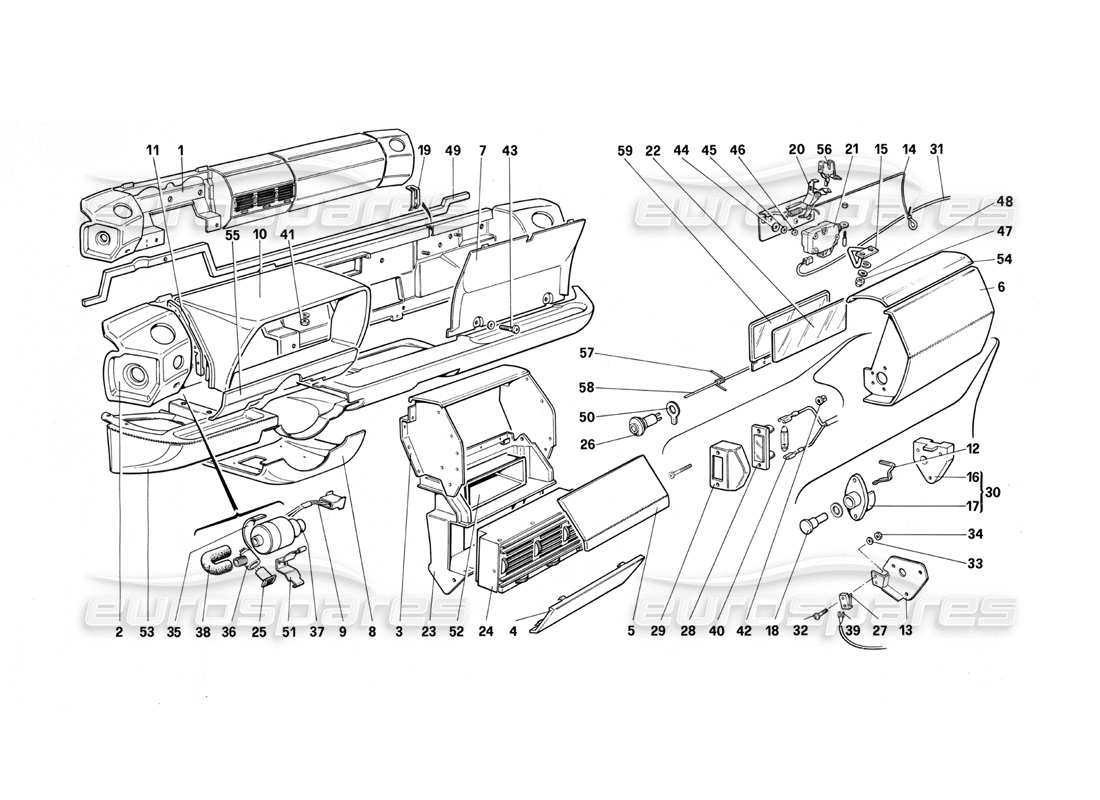 Diagramma delle parti del dashboard Ferrari Testarossa (1990) (per la versione USA).