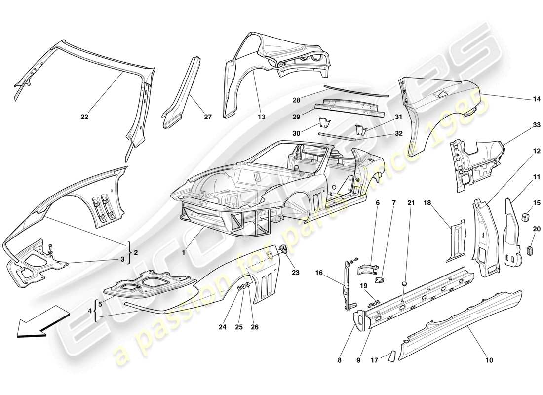 Ferrari 575 Superamerica Carrozzeria: finiture esterne Diagramma delle parti