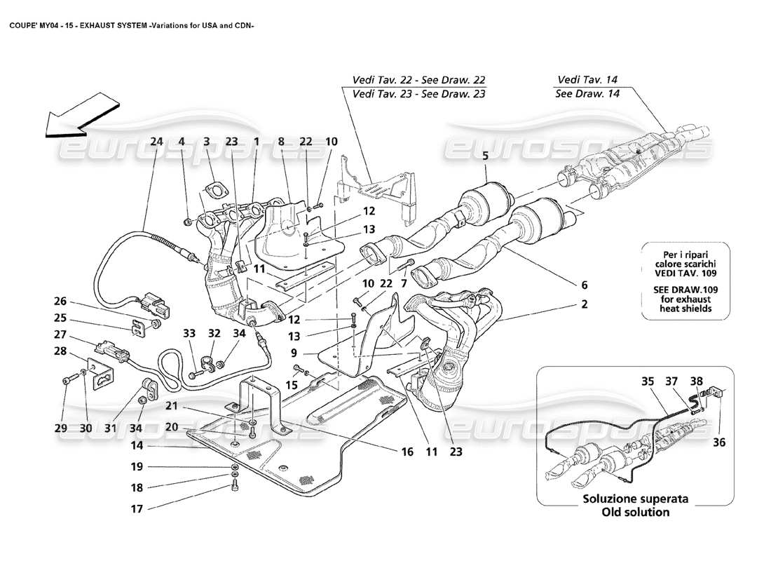 Maserati 4200 Coupé (2004) Variazioni del sistema di scarico per USA e CDN Diagramma delle parti