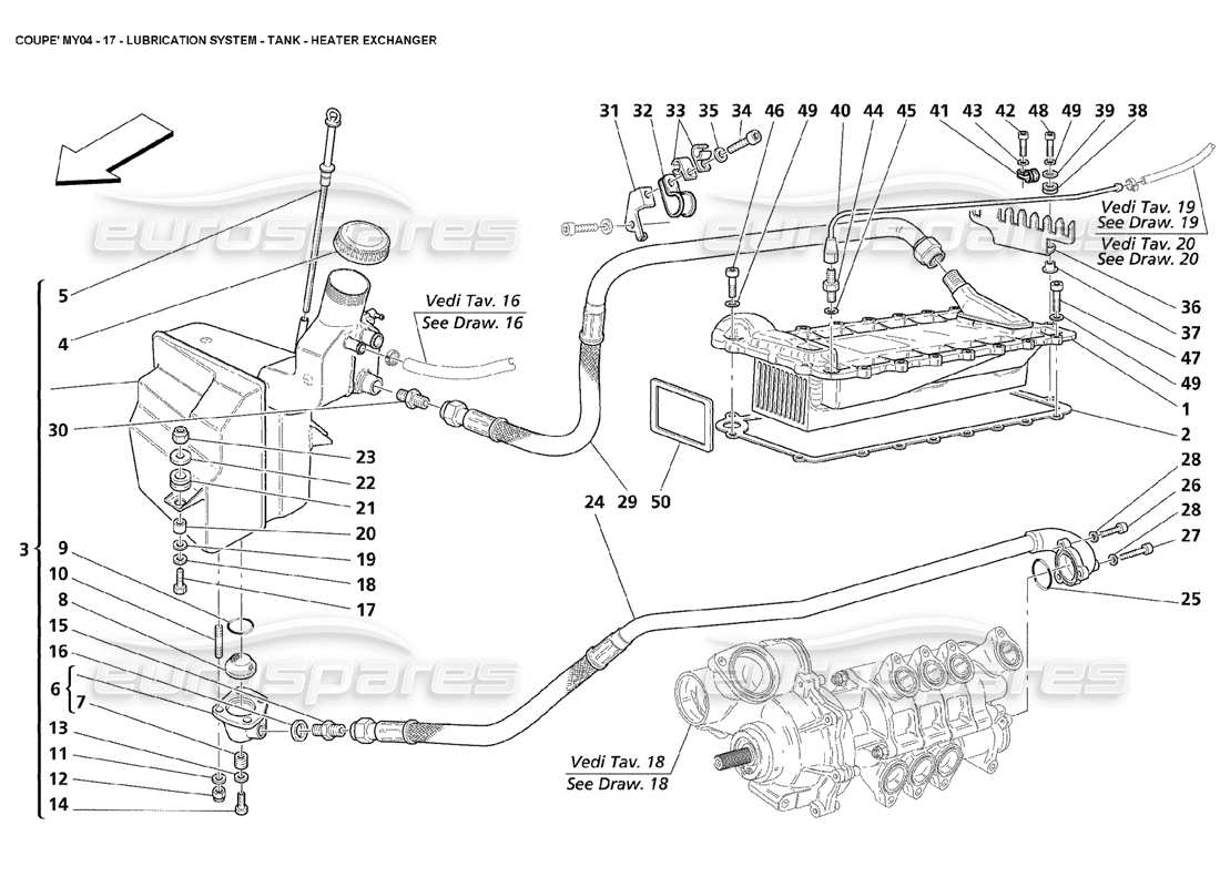 Maserati 4200 Coupé (2004) Scambiatore riscaldatore serbatoio sistema di lubrificazione Diagramma delle parti