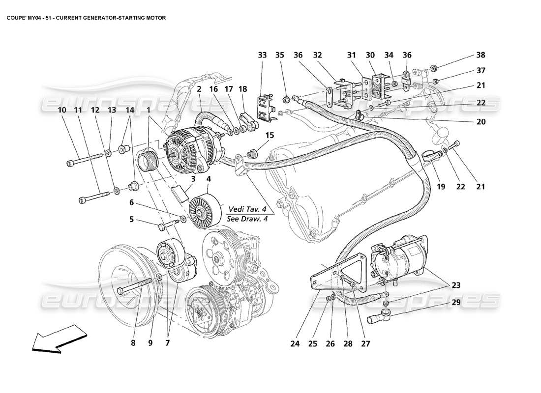 Maserati 4200 Coupé (2004) Motore di avviamento del generatore di corrente Diagramma delle parti