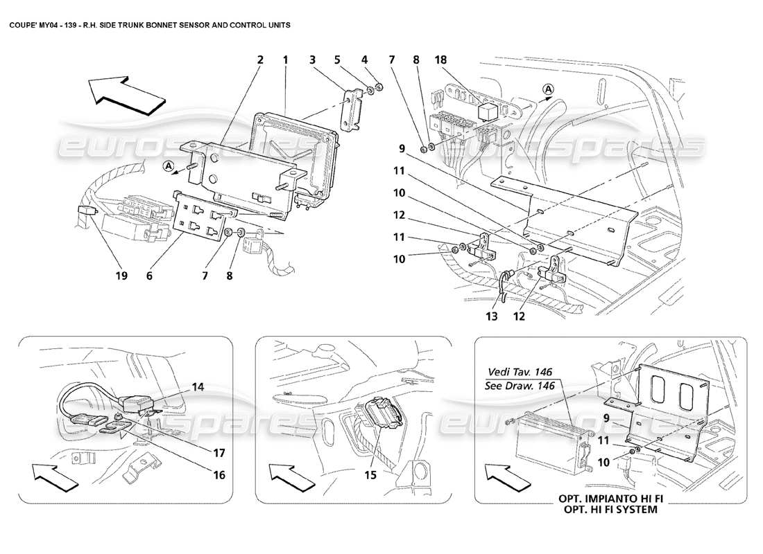 Maserati 4200 Coupé (2004) Diagramma delle parti del sensore e delle unità di controllo del cofano del bagagliaio lato destro