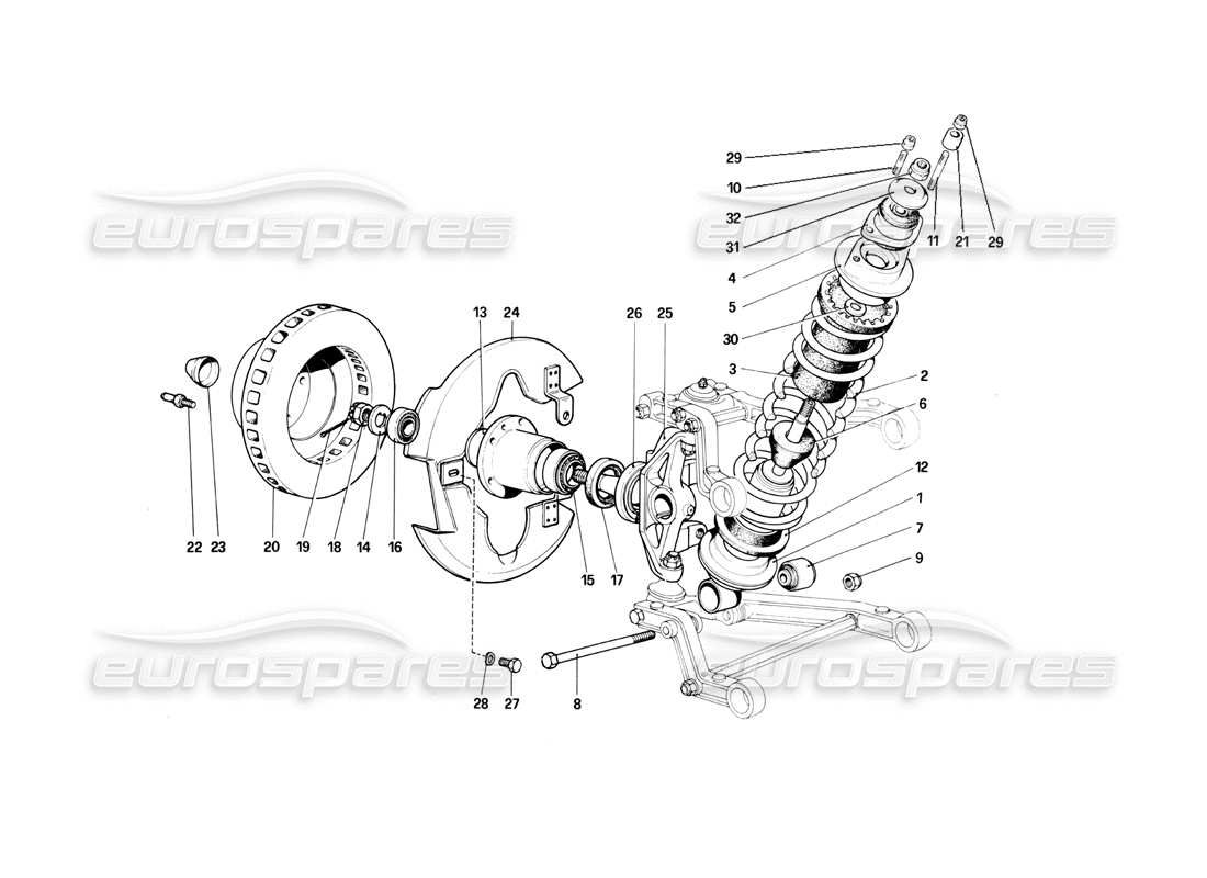 Ferrari 400i (1983 Meccanico) Sospensione anteriore: ammortizzatore e disco freno Diagramma delle parti