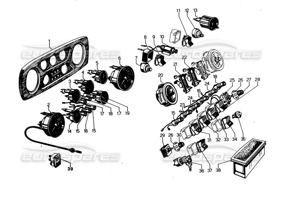 Diagramma delle parti degli strumenti del cruscotto Lamborghini Espada (da 0 a 750).