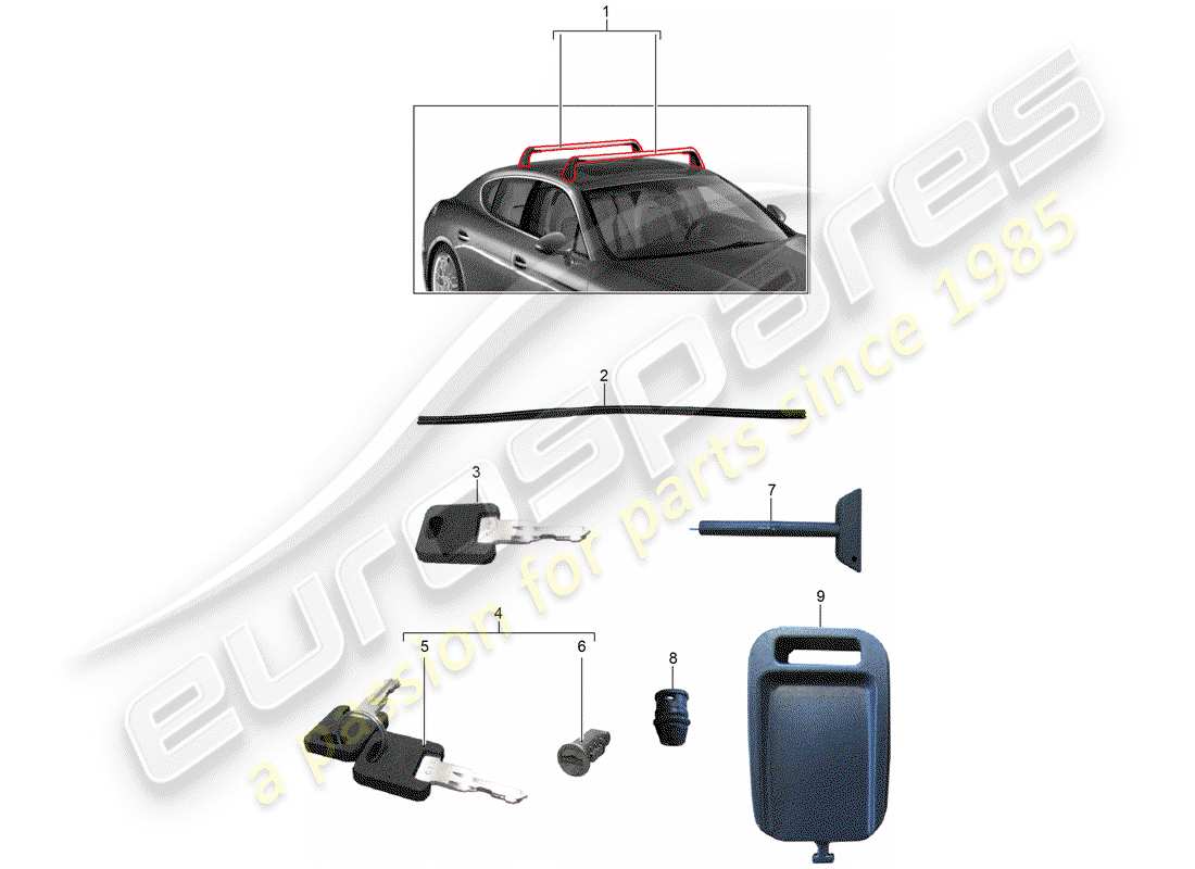 Porsche Tequipment Panamera (2010) portapacchi sul tetto Diagramma delle parti