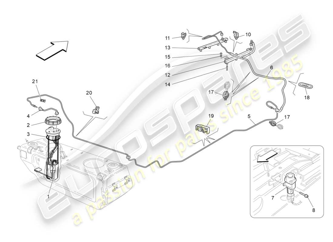 Maserati GranTurismo (2009) pompe del carburante e linee di collegamento Diagramma delle parti