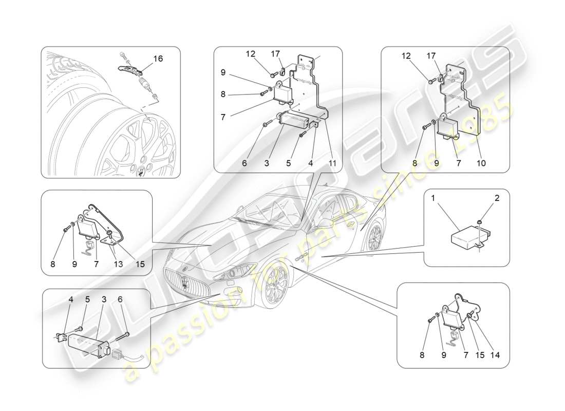 Maserati GranTurismo (2011) sistema di monitoraggio della pressione dei pneumatici Diagramma delle parti