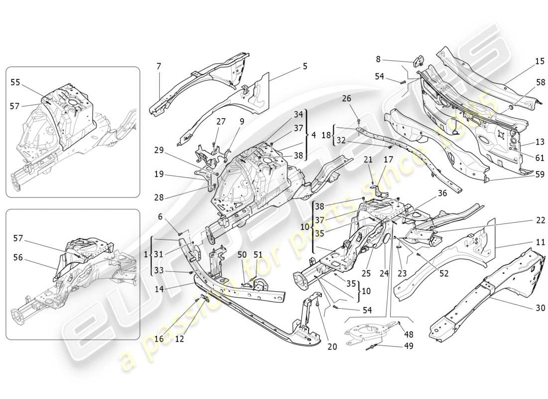Maserati QTP 3.0 TDS V6 275HP (2015) TELAI STRUTTURALI E PANNELLI IN LAMIERA ANTERIORI Diagramma delle parti