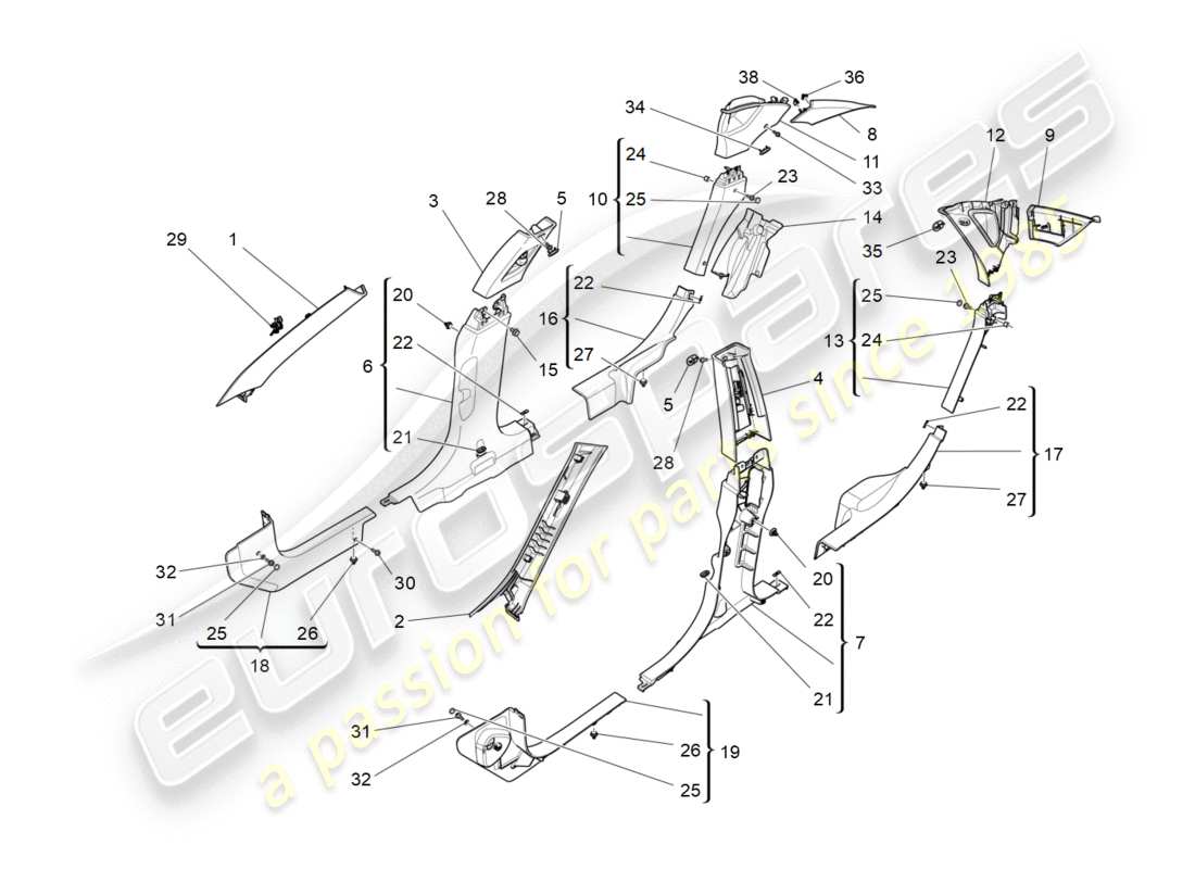 Maserati QTP 3.0 TDS V6 275HP (2015) ABITACOLO B RIVESTIMENTO PILASTRI E PANNELLI LATERALI Diagramma delle parti