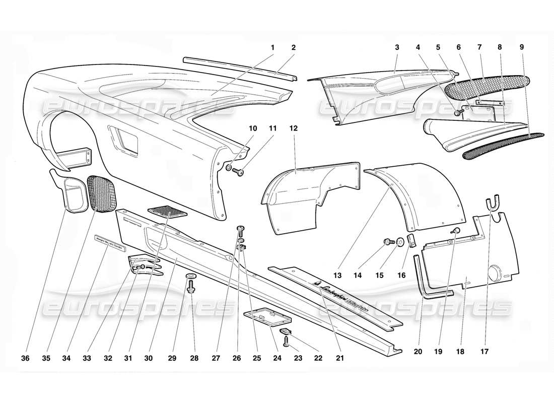Lamborghini Diablo VT (1994) Elementi del corpo: fianco destro Diagramma delle parti