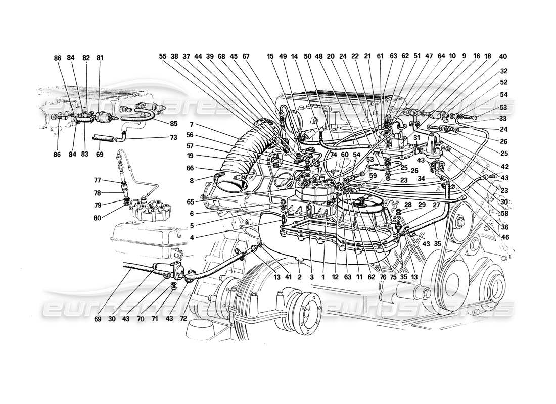 Ferrari 308 Quattrovalvole (1985) Sistema di iniezione del carburante - Distributori di carburante, linee Schema delle parti