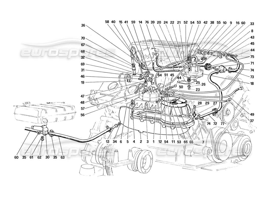 Schema delle parti delle linee dei distributori di carburante Ferrari 328 (1988) (non per la versione USA).