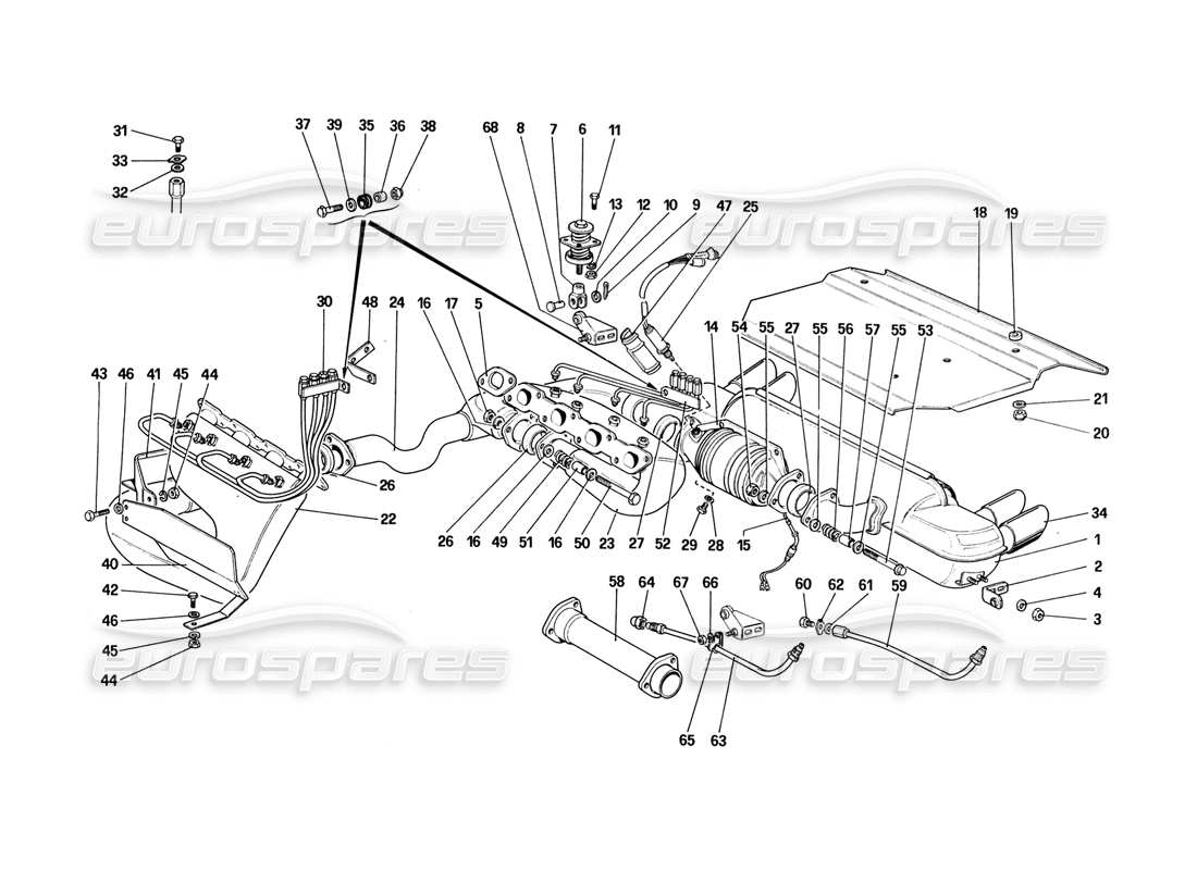 Schema delle parti del sistema di scarico Ferrari 328 (1988) (per versione USA - SA - CH87 e CH88)