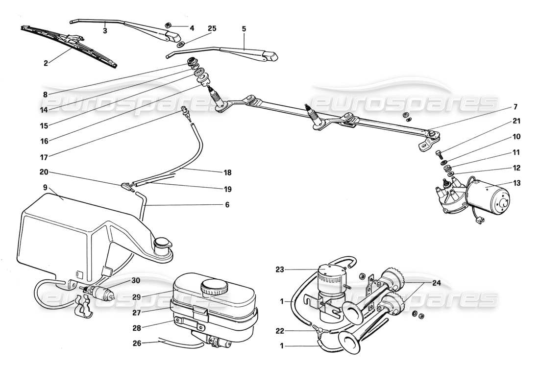 Schema delle parti Ferrari 328 (1988) Tergicristallo, Rondella e avvisatori acustici