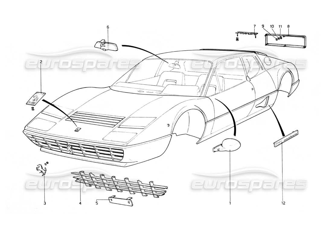 Ferrari 512 BB Modanature del corpo Diagramma delle parti