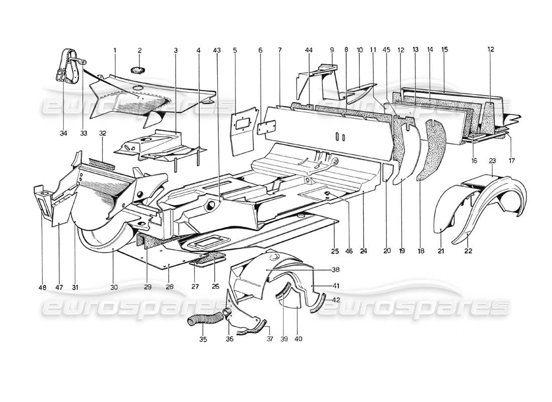 Ferrari 208 GT4 Dinosauro (1975) Scocca - Elementi interni Diagramma delle parti