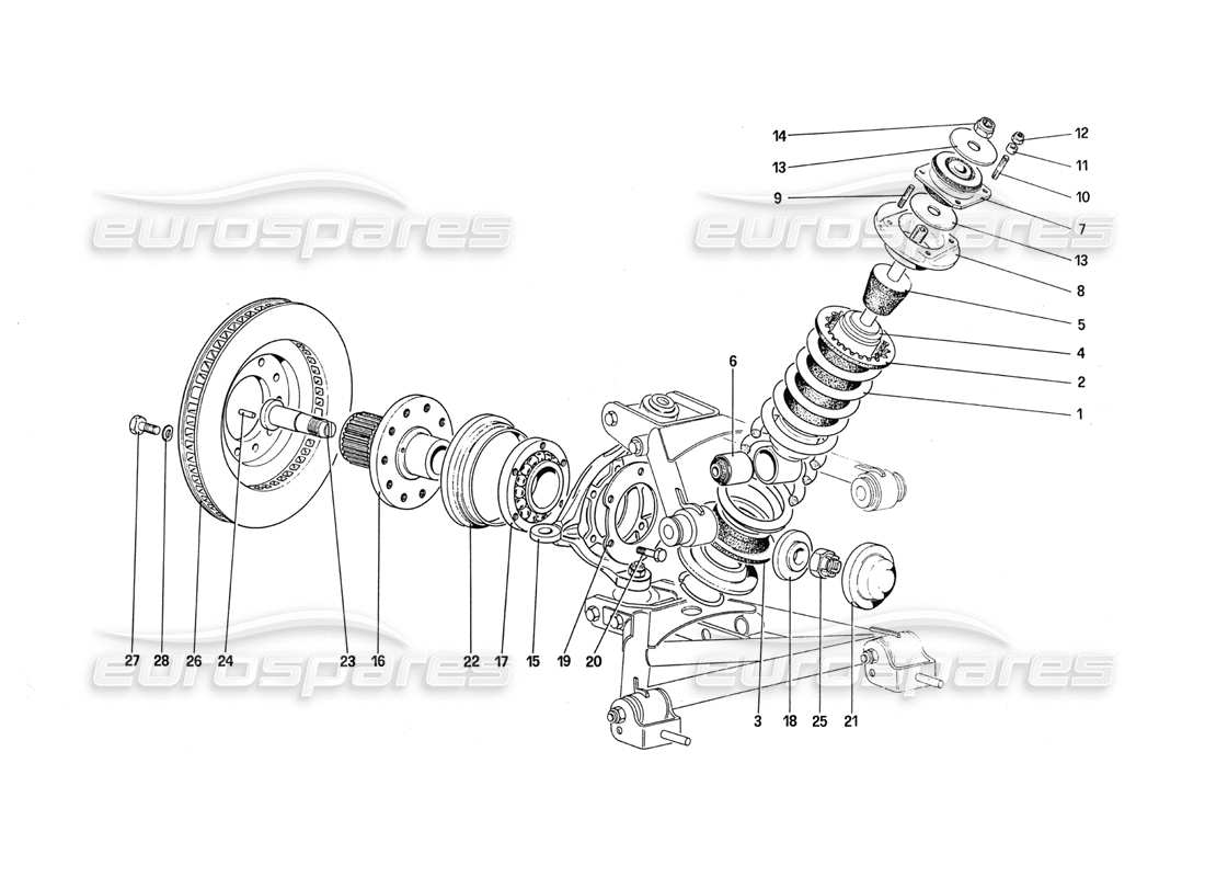 ferrari 288 gto sospensione anteriore: ammortizzatore e disco freno diagramma delle parti