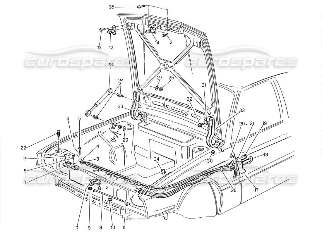 maserati 2.24v cofano: diagramma delle cerniere e delle parti di rilascio del cofano