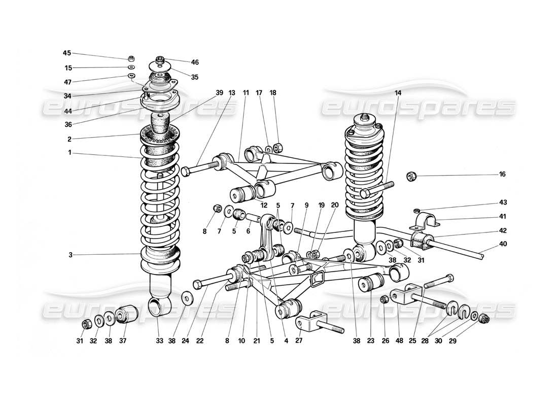ferrari testarossa (1987) sospensioni posteriori: bracci trasversali e ammortizzatori diagramma delle parti