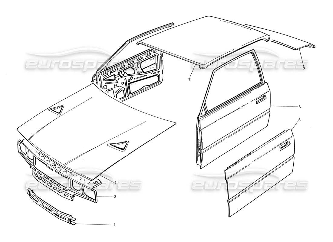 maserati 222 / 222e biturbo carrozzeria: diagramma delle parti del pannello anteriore, del pannello del tetto, delle porte, del coperchio del bagagliaio del cofano
