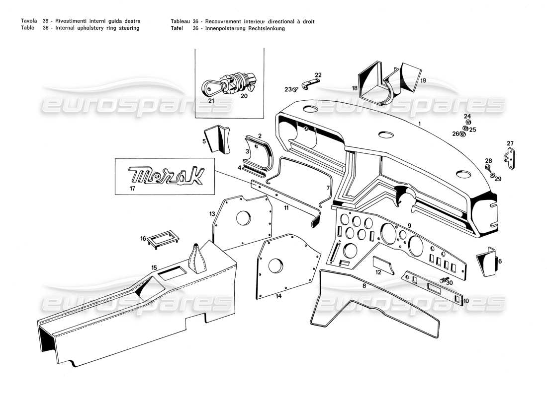 maserati merak 3.0 tappezzeria interna anello sterzo diagramma delle parti