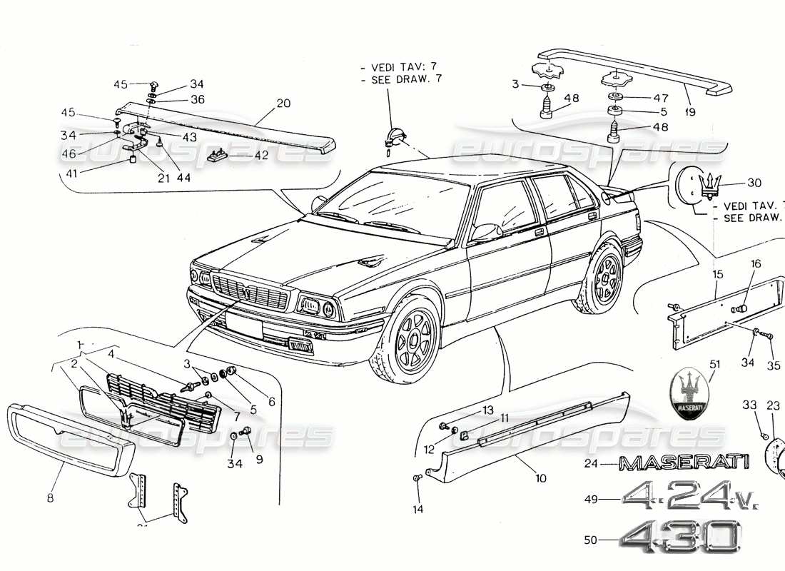 maserati 418 / 4.24v / 430 finiture esterne diagramma delle parti