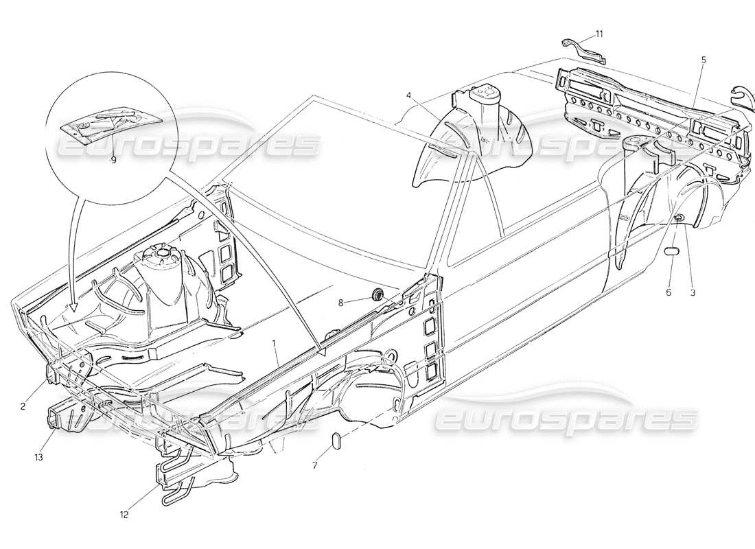 maserati biturbo spider scocca della carrozzeria: diagramma delle parti dei pannelli interni