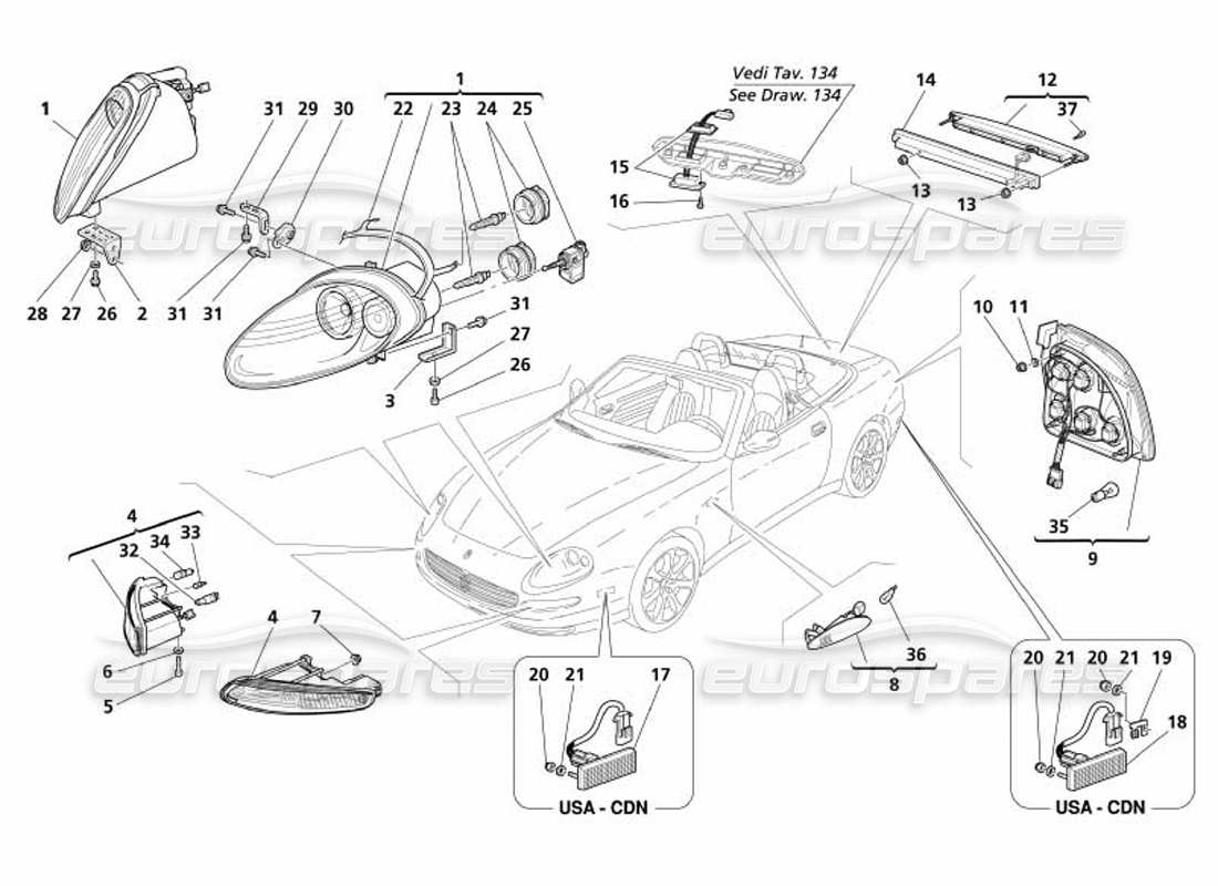 maserati 4200 spyder (2005) diagramma delle parti delle luci anteriori e posteriori