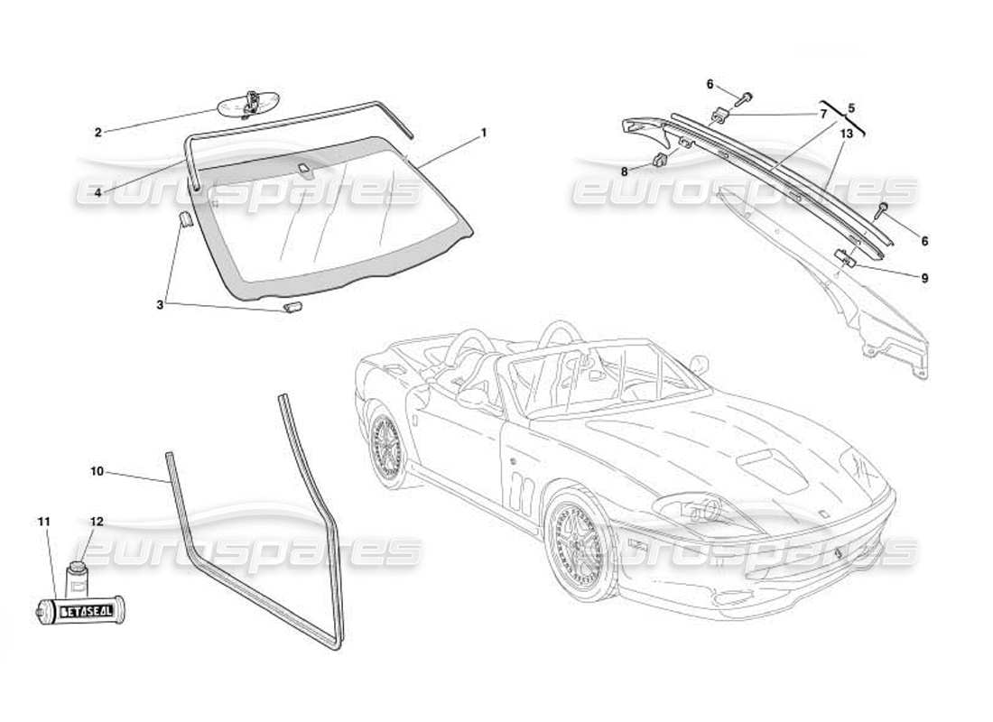 ferrari 550 barchetta diagramma delle parti di vetri e guarnizioni