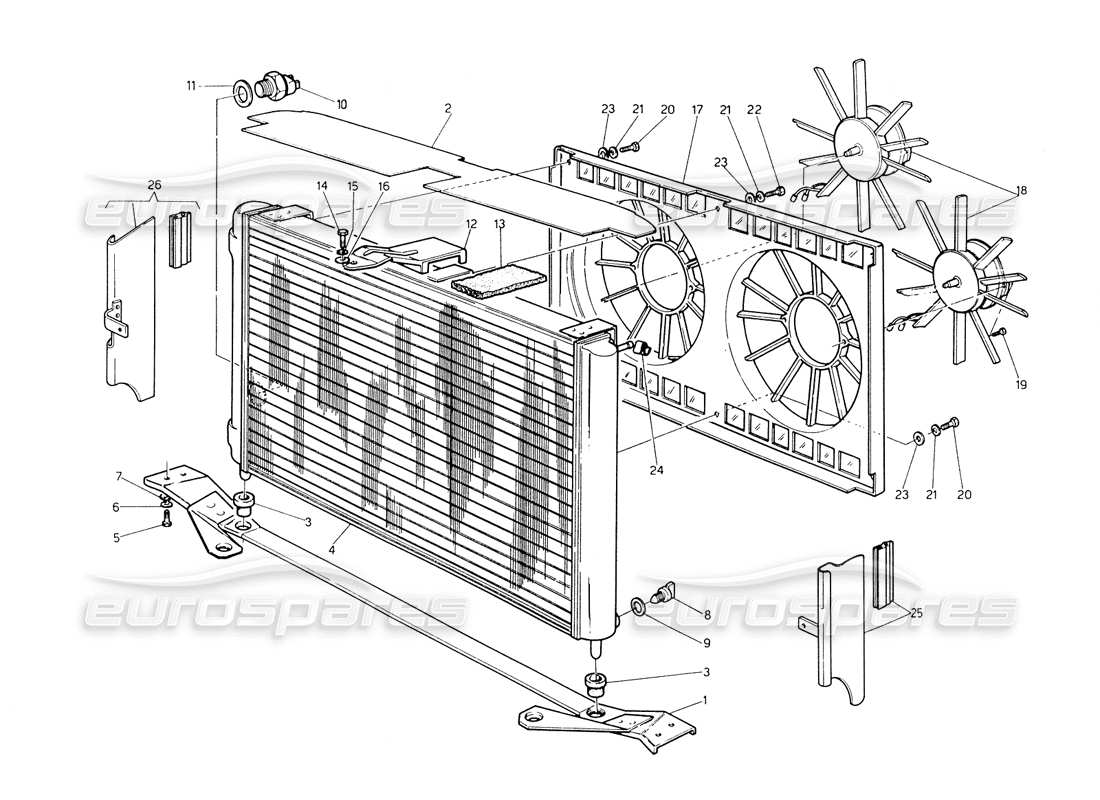 maserati biturbo spider radiatore e ventole di raffreddamento diagramma delle parti