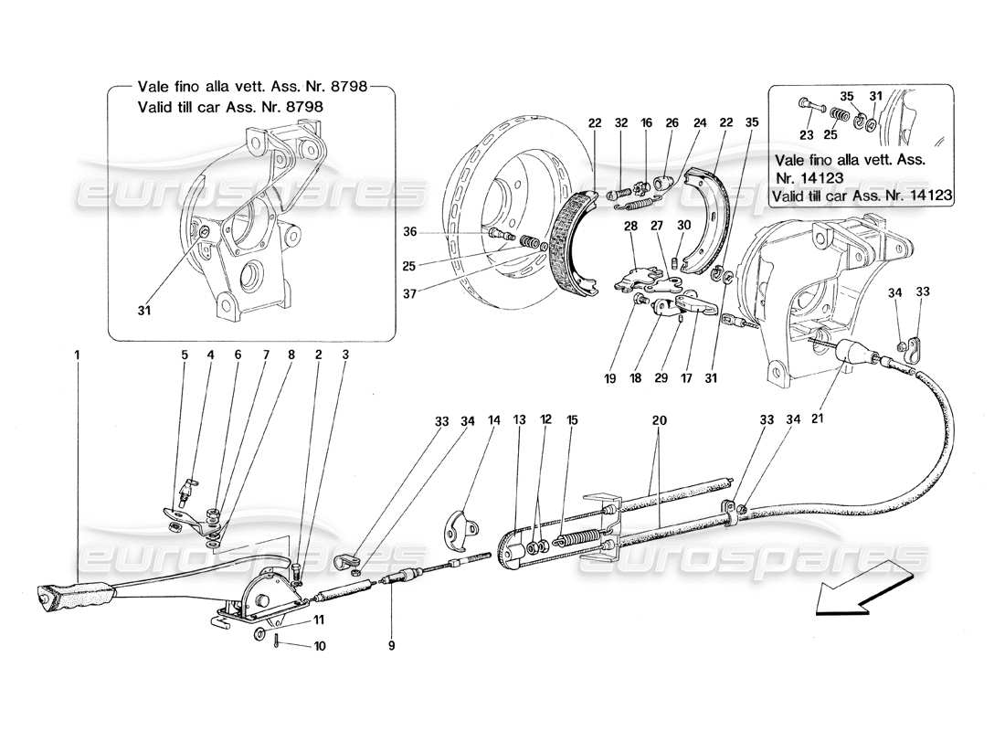 ferrari 348 (1993) tb / ts diagramma delle parti del controllo del freno a mano