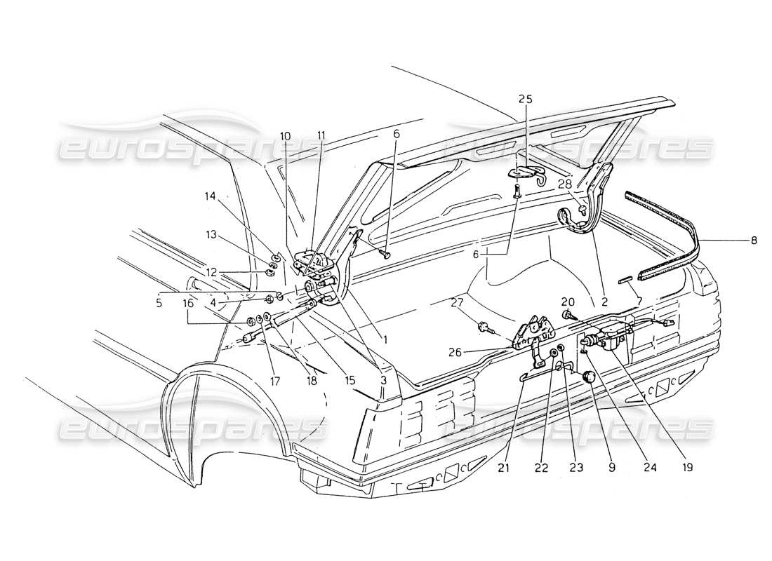 maserati 418 / 4.24v / 430 diagramma delle parti del cofano del bagagliaio, delle cerniere e dei controlli di apertura