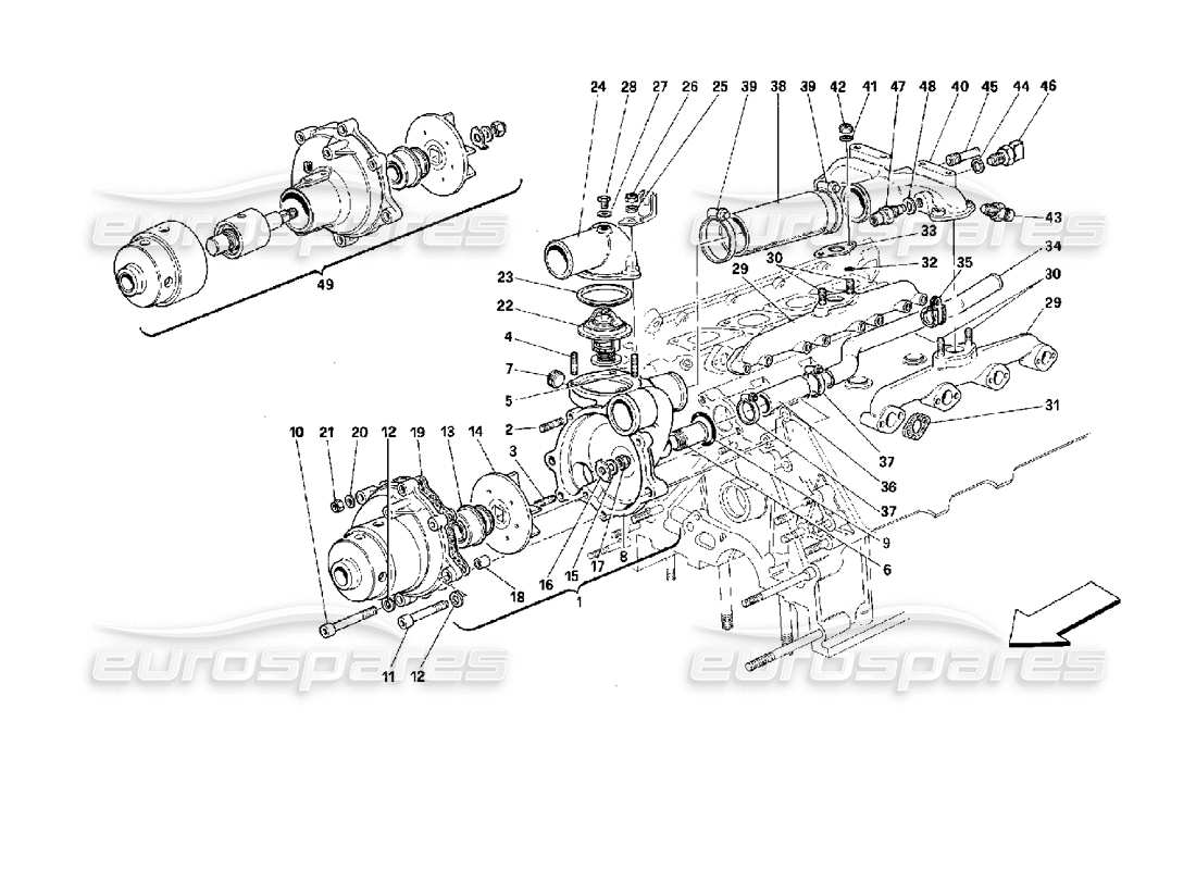 ferrari mondial 3.4 t coupe/cabrio schema delle parti della pompa dell'acqua