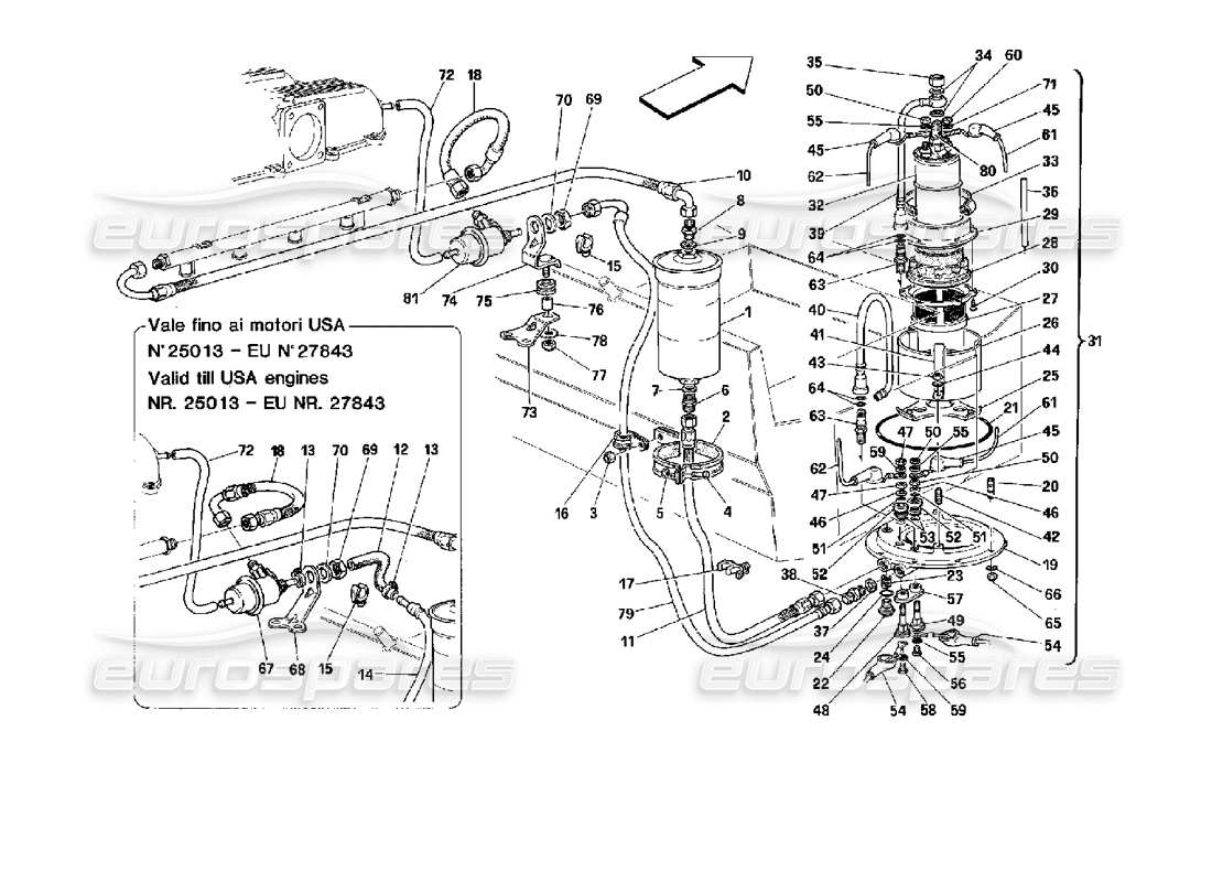 ferrari mondial 3.4 t coupe/cabrio diagramma delle parti della pompa del carburante e dei tubi