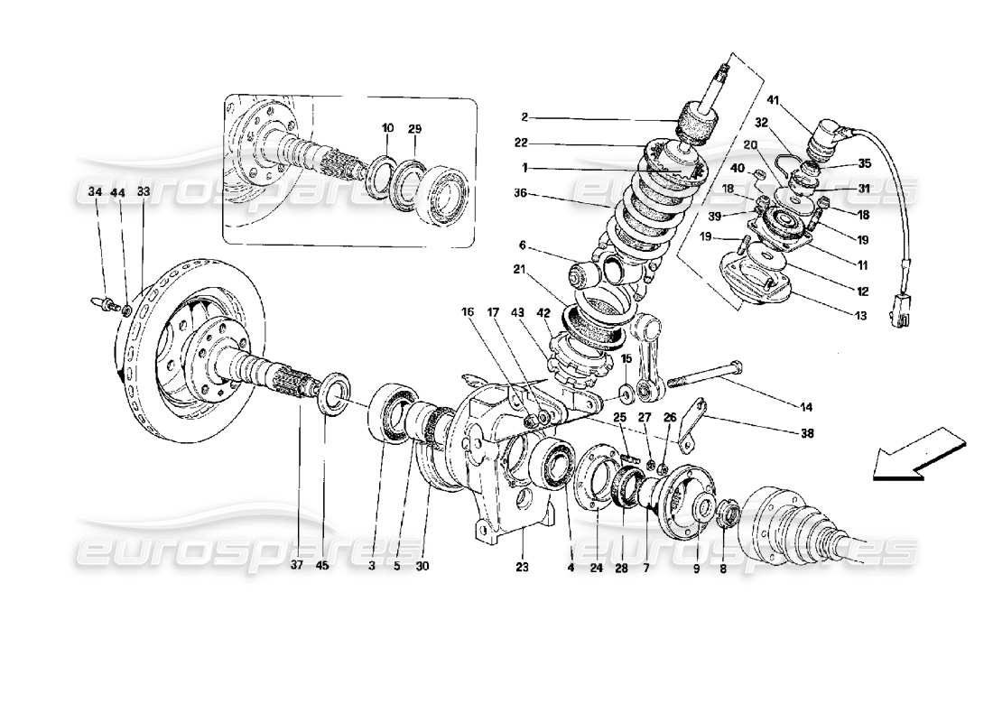 ferrari mondial 3.4 t coupe/cabrio sospensione posteriore - ammortizzatore e disco freno schema parte