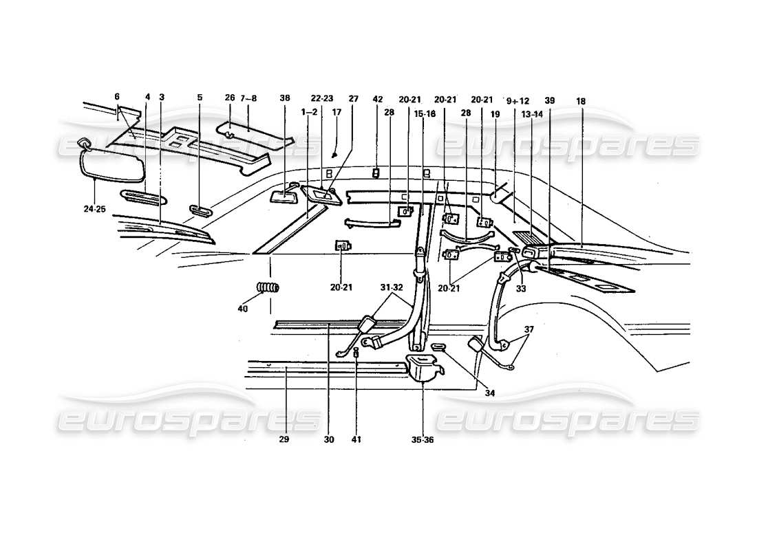 ferrari 412 (coachwork) diagramma delle parti di cinture di sicurezza e alette parasole