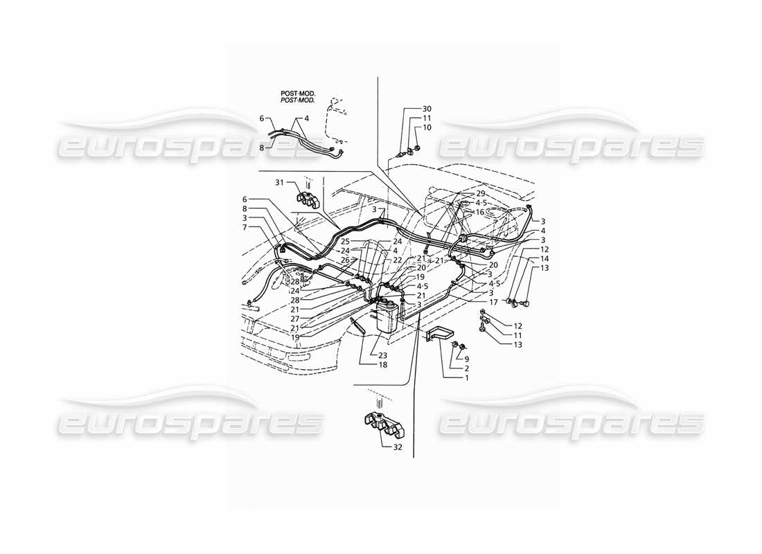 maserati qtp. 3.2 v8 (1999) schema delle parti del sistema di recupero dei vapori di evaporazione e dei tubi del carburante