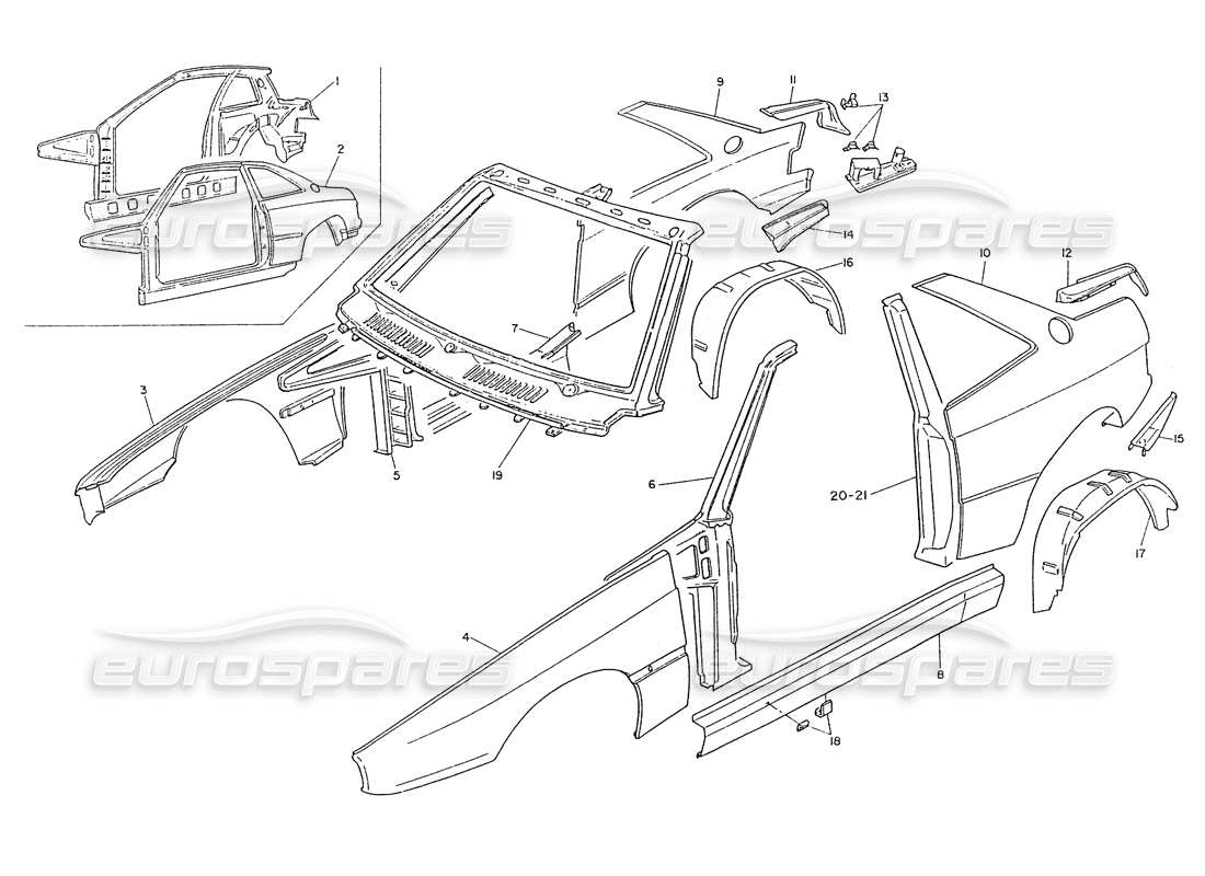 maserati ghibli 2.8 (non abs) schema delle parti della carrozzeria-pannelli esterni