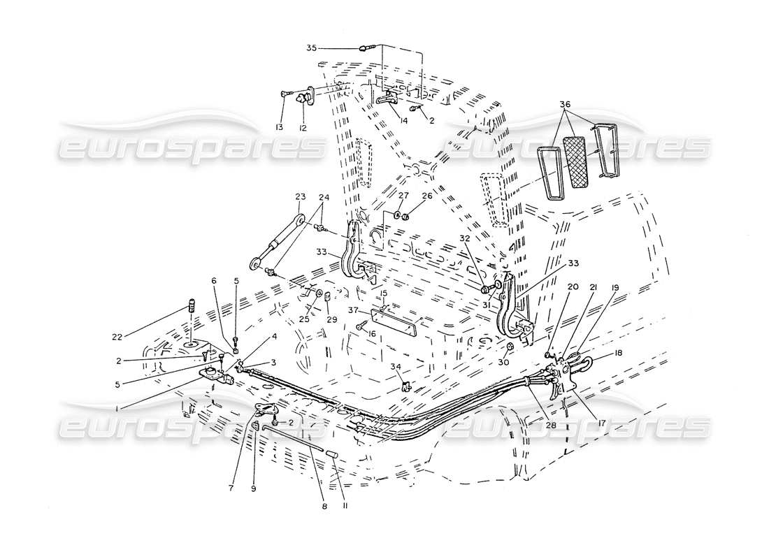 maserati ghibli 2.8 (non abs) schema delle parti delle cerniere del cofano motore e dei comandi di apertura